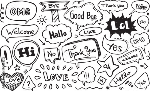 A collection of various greeting and expression speech bubbles