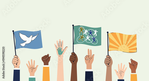 Diverse Hands Holding Flags and Peace Signs.