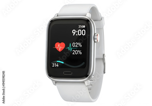 A white smartwatch with a heart rate monitor and various fitness tracking features