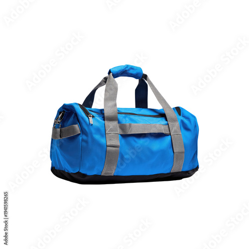 Blue sports duffel bag with gray handles zipper pocket travel luggage gym training equipment carry isolated on white background