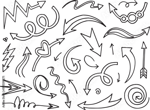 Collection of hand drawn arrows and directional symbols