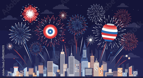 Fireworks Explode Above City Skyline at Night.