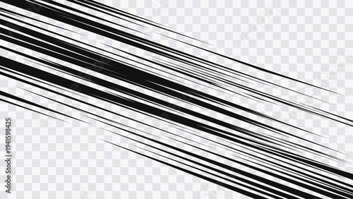 Dynamic abstract speed lines isolated on a transparent background. Black grunge motion streaks creating a sense of rapid movement, impact, and energy.