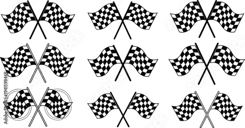 Crossed Checkered Racing Flag Icon Set for Motorsport Finish Line, Speed Competition Symbols, Race Event Signs, and Automotive Sports Design