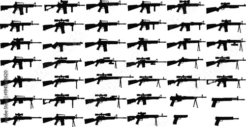 Collection of weapon silhouettes, assault rifles, sniper rifles and pistols set, military firearm icons isolated on white background, vector illustration