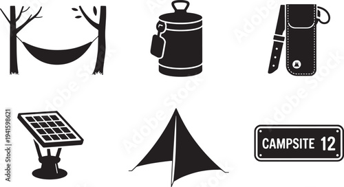 Camping icons including hammock, bear canister, knife, solar panel, tent, and campsite sign