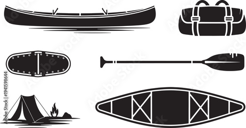 Canoeing and camping equipment set black icons for outdoor adventure or watersport activity