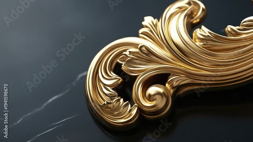 Intricate golden ornamental scrollwork on dark marbled surface with highlights