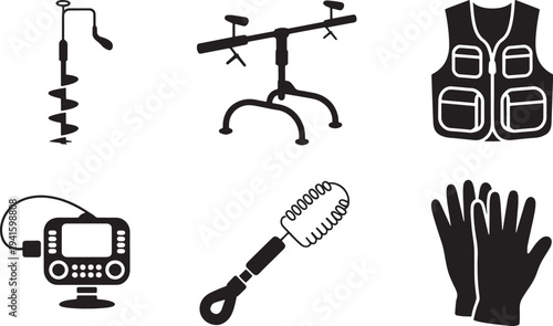 Fishing icons with ice auger, rod holder, vest, fish finder, lure brush and gloves