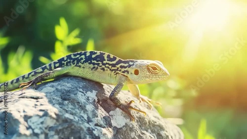 Lizard on a rock basking in sunlight. Green scales and patterns are visible. Blurry greens in the background