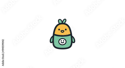 Cute cartoon character illustration with smiling face and green leaves.