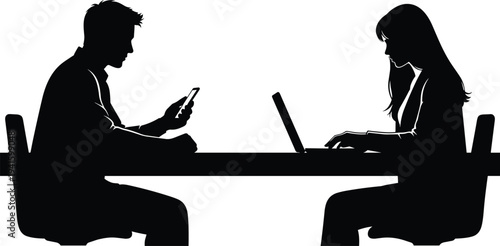 Man using smartphone and woman typing on laptop at table, business people silhouettes, modern technology communication workplace concept