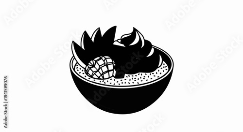 A stylized black and white drawing of a dessert in a bowl with fruit and whipped cream