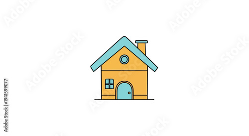 Simple yellow house with blue roof and door illustration.
