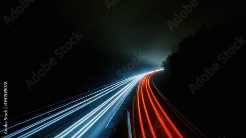 Long exposure shot of a road with car light trails bending through a dark landscape at night