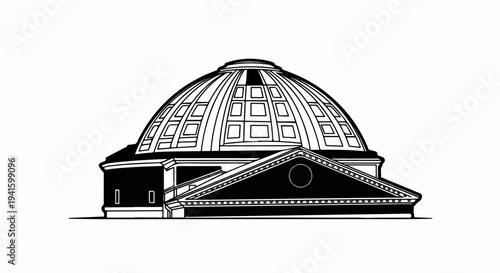 A stylized black and white drawing of a domed building with a triangular pediment