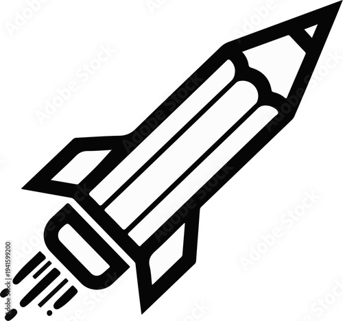 A stylized black and white graphic of a pencil shaped like a rocket