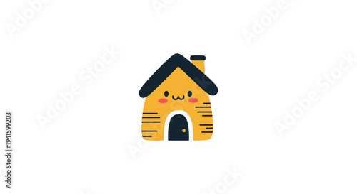 A cartoon house with a smiling face and a chimney.
