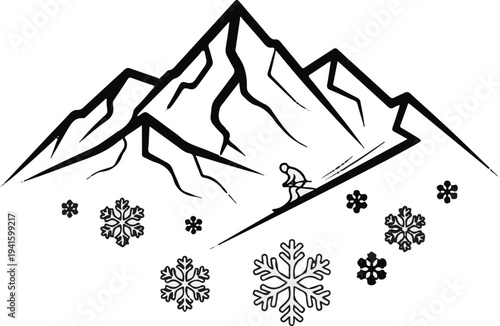 A stylized black and white graphic of a skier descending a mountain
