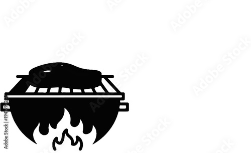 A stylized, black and white icon of a grill with food cooking over flames