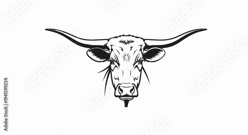 A stylized black and white illustration of a bull's head with prominent, curved horns