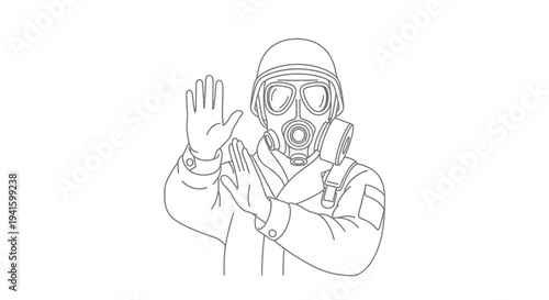 Person in gas mask and helmet making stop gesture, outline illustration