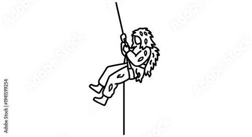 Person rappelling down a rope, wearing camouflage gear, outdoor adventure, extreme sports