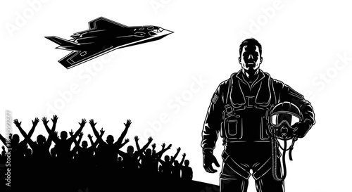 Pilot Standing Proudly with Fighter Jet Flying Over Cheering Crowd