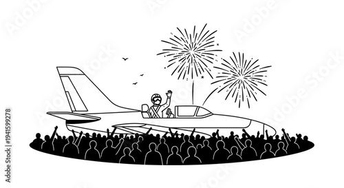 Pilot waves from jet cockpit over cheering crowd with fireworks celebration