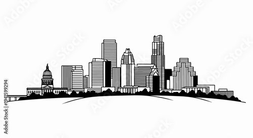 A stylized black and white illustration of a city skyline with a domed building