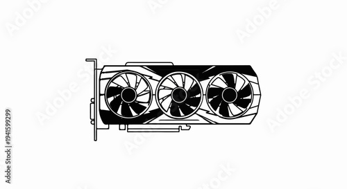 A stylized black and white illustration of a graphics processing unit with three fans