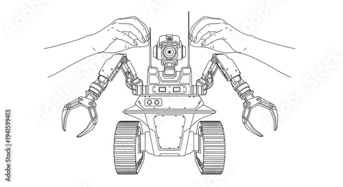 Robot with robotic arms and hands being controlled by human hands, technology concept