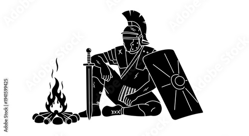 Roman Soldier Resting by Campfire with Sword and Shield, Black and White Silhouette