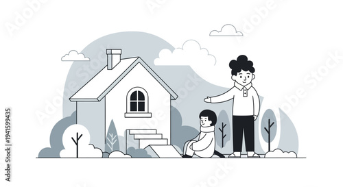 Father and son gardening together outside their home.