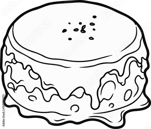 A simple line drawing of a round cake with frosting dripping down the sides