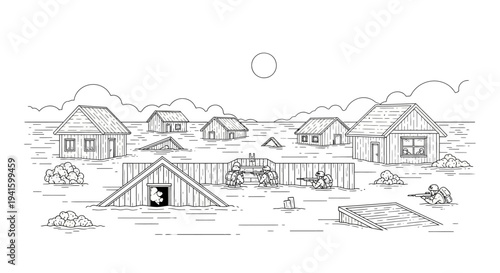 Rural Village Flooded After Heavy Rain, Houses Submerged in Water, Natural Disaster