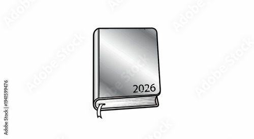 A simple line drawing of a silver diary with the year 2026 on the cover