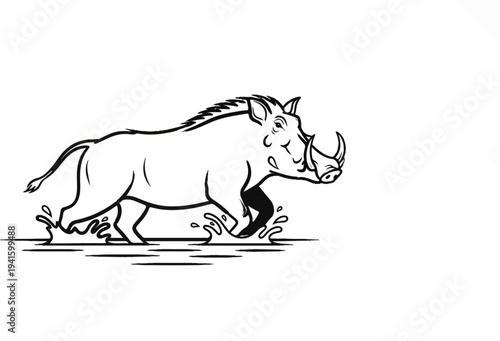 A stylized black and white illustration of a wild pig running through water