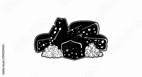 A stylized black and white illustration of assorted cheeses with visible holes