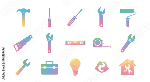 Colorful Tool Set: Hammer Screwdrivers Wrenches Saw Level Tape Measure Paint Roller Toolbox Lightbulb and House.