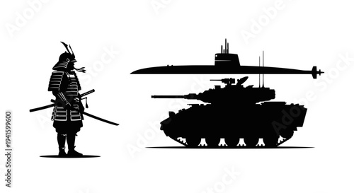 Samurai Warrior vs Modern Military Tank and Submarine Silhouettes