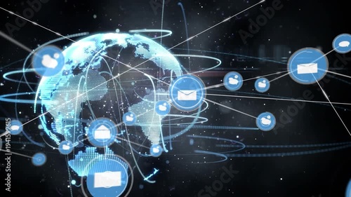 Wallpaper Mural Animation of network of digital icons and light trails over spinning globe against black background Torontodigital.ca