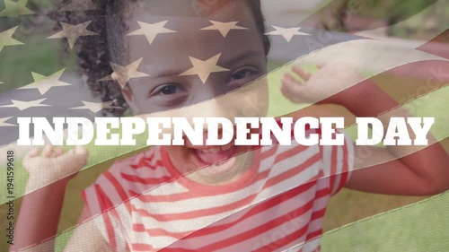 Animation of independence day text and flag of america over girl sticking out tongue