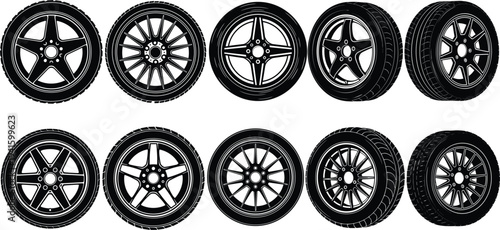 Car Wheel and Rim Icon Set Featuring Various Tire and Alloy Wheel Designs for Automotive, Vehicle, and Transportation Graphics
