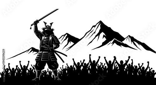 Samurai Warrior Victory Celebration with Crowd and Mountains Silhouette