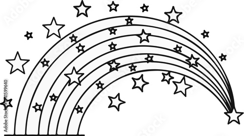 A simple outline drawing of a rainbow arching across the sky with stars