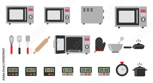 Kitchen Appliances and Cooking Utensils: Microwave Ovens Timers and Tools.