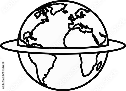 A stylized black and white outline drawing of planet Earth with a ring around its equator