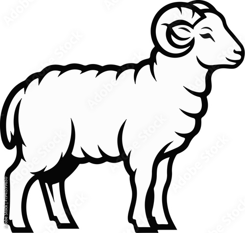 A stylized black and white outline drawing of a ram, facing right