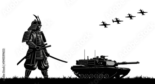 Samurai Warrior Stands Beside Modern Tank with Fighter Jets Flying Above